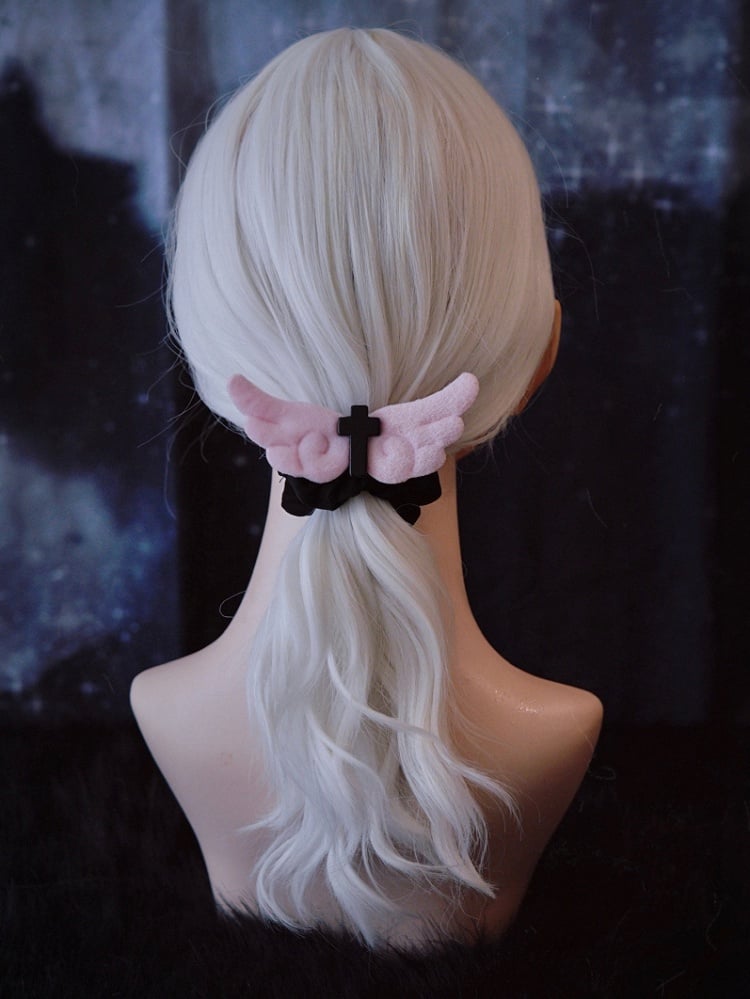 Pink Angel Wings Handmade Black Cross Scrunchie
