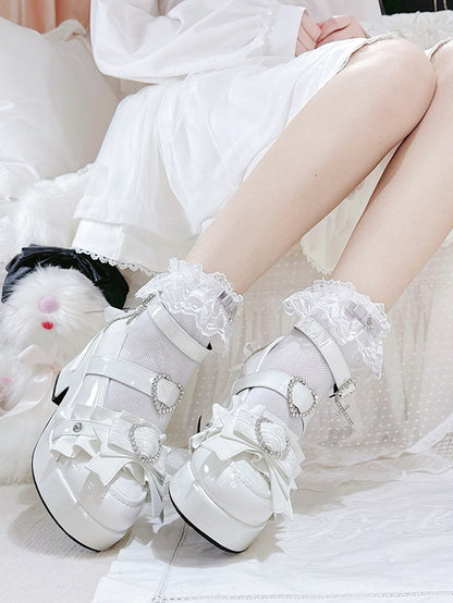 Jirai Kei Polished White Rhinestone Heart Decorated Lace-up Details Platform High Block Heels