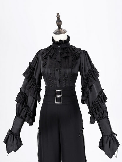 Ruffled High Neck Black Bead Chain and Cascading Ruffles Long Sleeves Siren Shirt