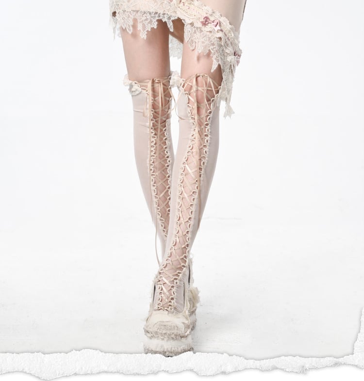 Apricot Lace-up Detail Overknee Stockings