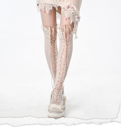 Apricot Lace-up Detail Overknee Stockings