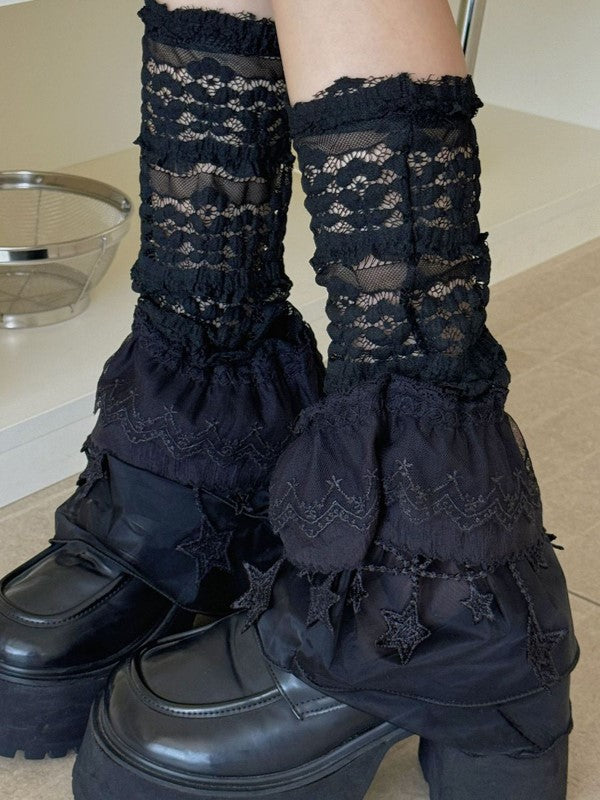 Black/White Y2K Floral Pattern Ruffled Cuff Star Charms Leg Sleeves