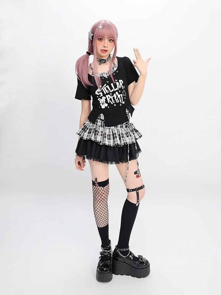 Y2K Black & Pink/Black & White Plaid Star Buckle Tiered Skirt with Lace-up Detail