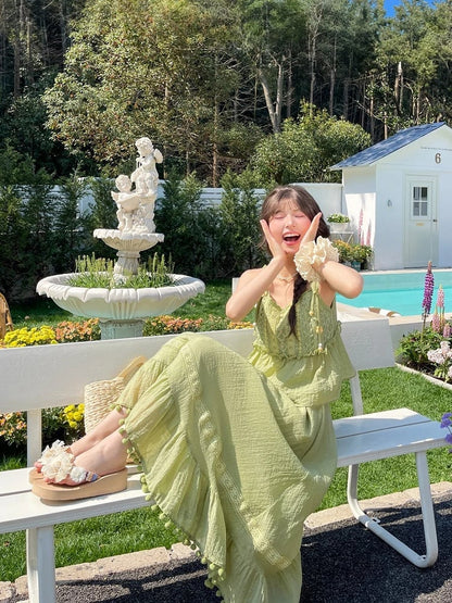 Mori Kei Green Pompon Tassel Hem Lace Trim A-line Skirt