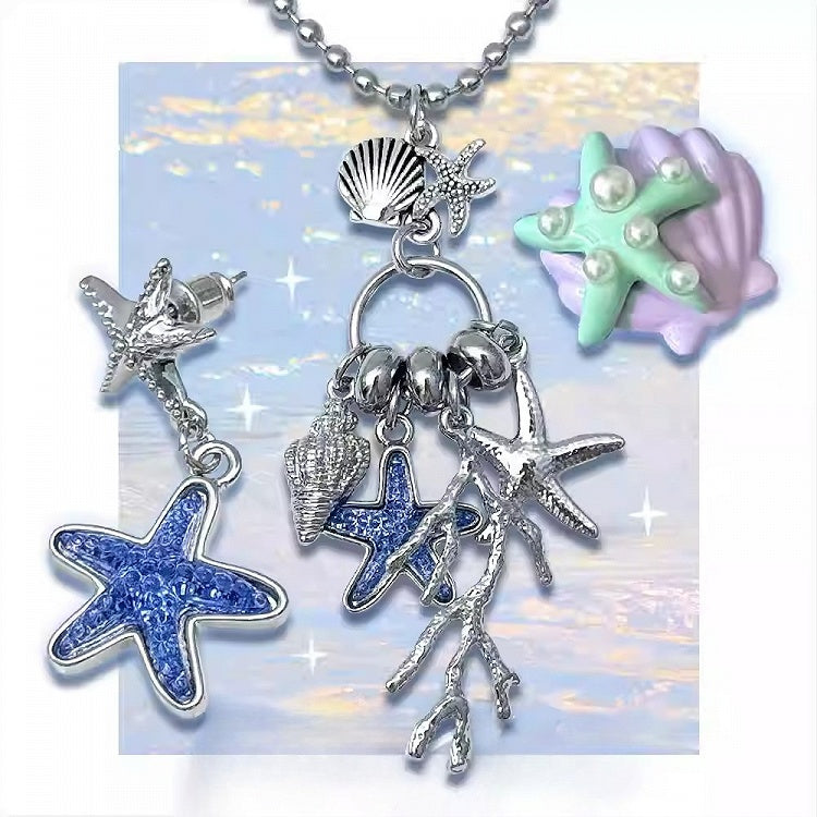 Blue Y2K Bittersweet Starfish Coral And Conch Pendant Necklace