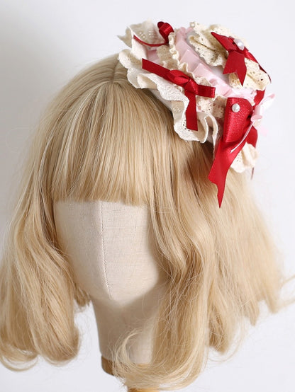 Red&Pink Sweet Lolita Beaded Decorated Bowknot Details Mini Hat