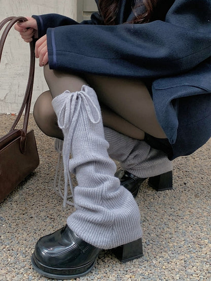 White/Light Grey/Black/Coffee/Khaki Self-tie Straps Knitted Leg Warmers