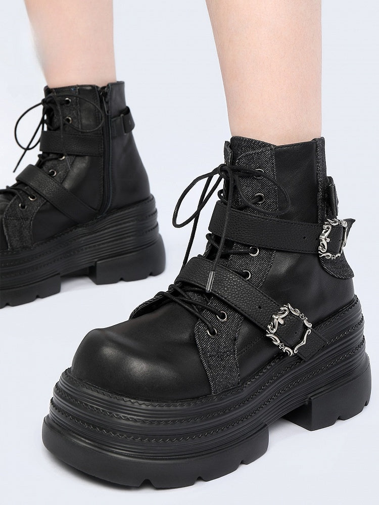 Punk Rock Black Platform Ankle Boots with Inner Zipper, Buckle Straps & Lace-Up Design