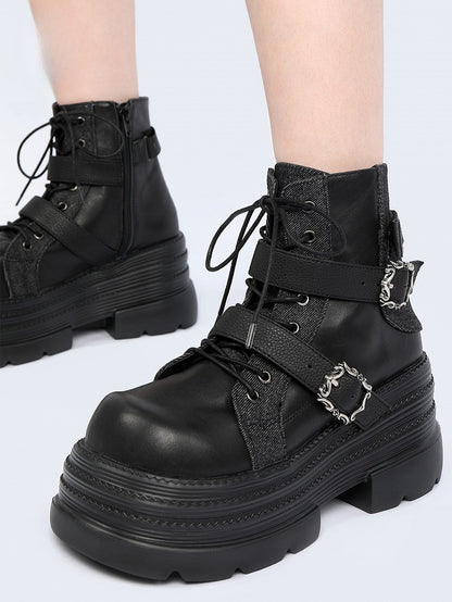Punk Rock Black Platform Ankle Boots with Inner Zipper, Buckle Straps & Lace-Up Design