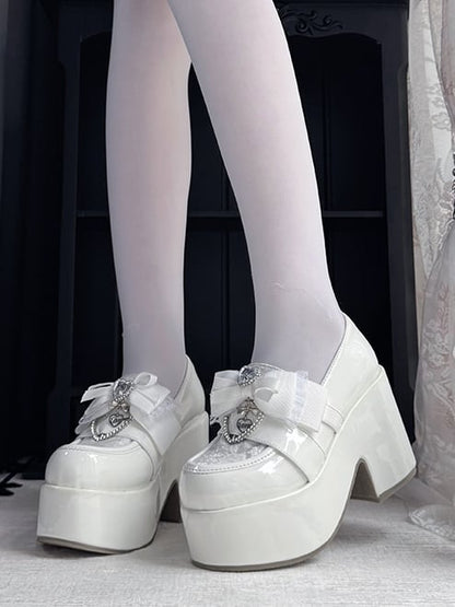 Jirai Kei White Platform Slip-Ons: 9.5cm Block Heel with Round Toe, Bow & Heart Rhinestone
