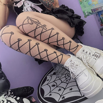 Nude Y2K Lace-up Straps Print Tights
