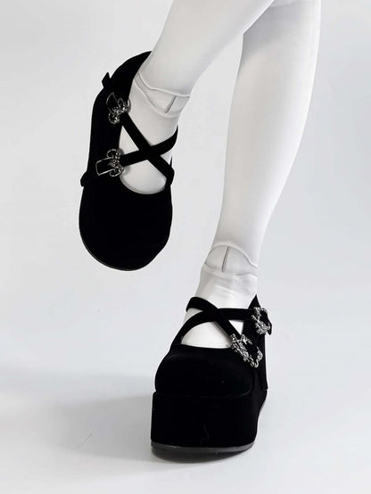 Velvet Black Gothic Crosscriss Design Platform Mary Janes With Detachable Buckles