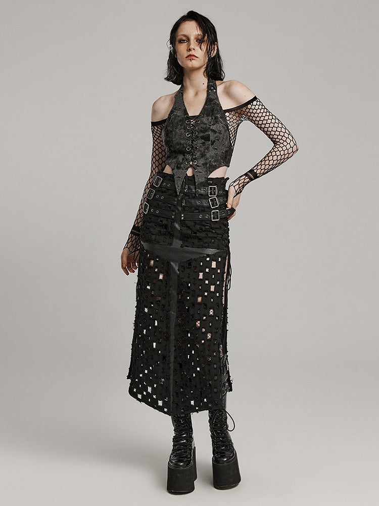 Black Punk Cross Hollowed Slit Skirt