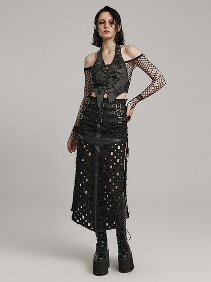 Black Punk Cross Hollowed Slit Skirt
