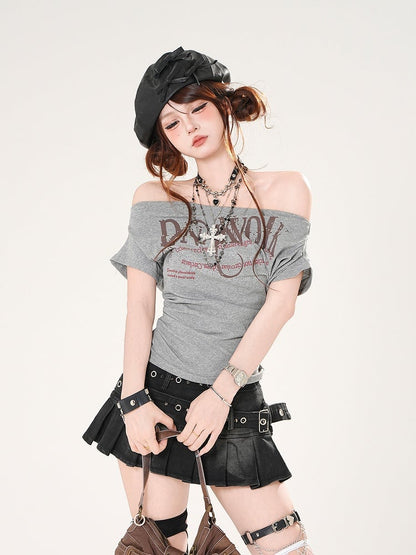 Off-the-shoulder Neckline Letter Print Gray/Navy Blue Slim-fitting T-shirt