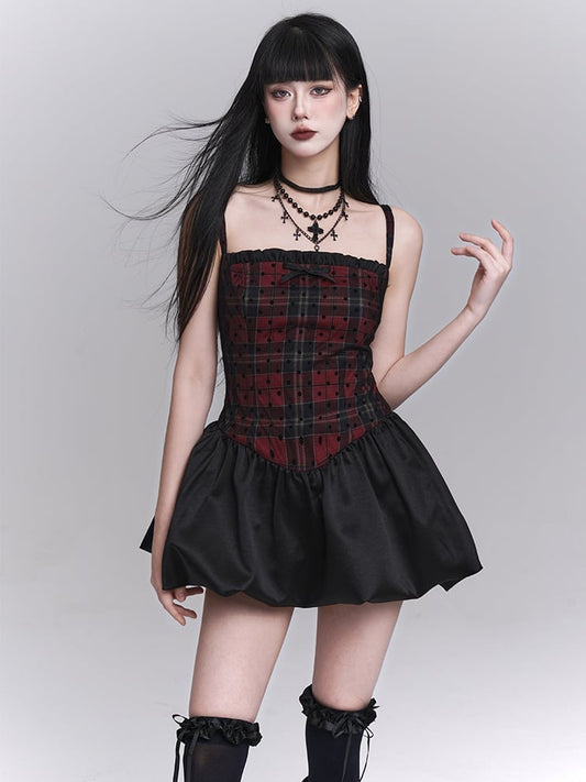 Red Plaid Basque Waist Mini Bubble Skirt Cami Dress