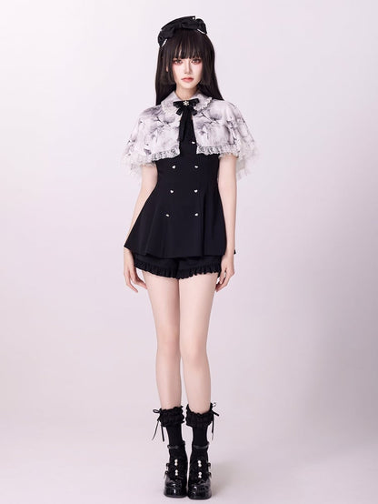 Jirai Kei Three Pieces Set Short Puff Sleeves Top Black Shorts and Grey Floral Print Cape