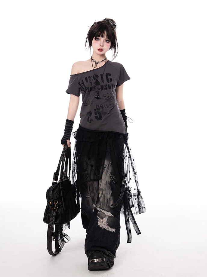 Y2K Letter Print White/Gray Asymmetrical Neckline T-shirt