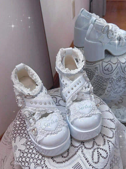 Jirai Kei Tenshi Kaiwai Platform Heels: Light Blue Criss-Cross Buckle Straps with Lace & Rhinestone Details