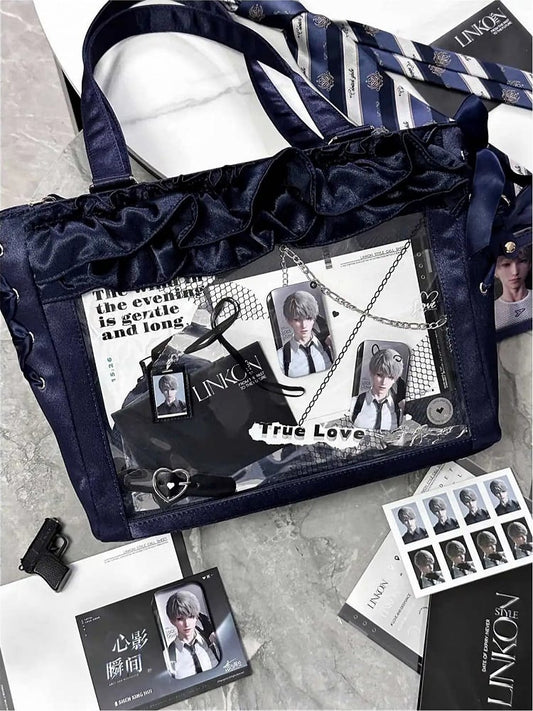 Dark Blue Satin Ruffle Trims Self-tie Straps Ita Bag With Bow Card Holder