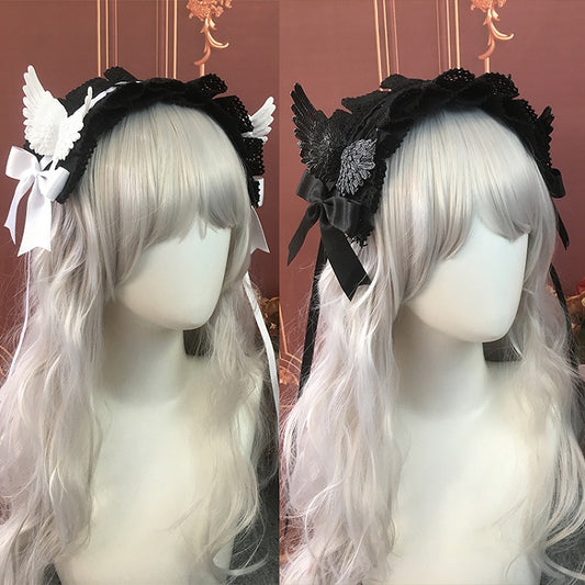 Vintage Gothic Lolita Bowknots Hairband with Angel Wings White&Black/Black