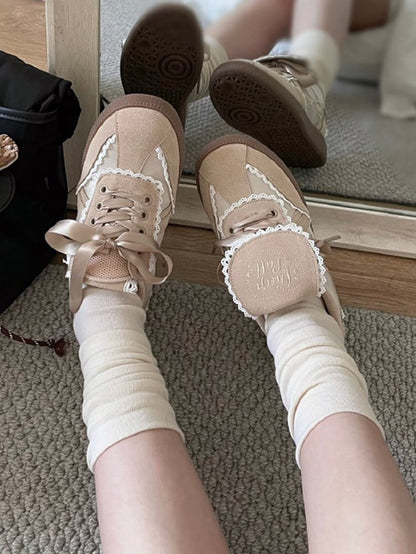 Clearance-Size 36 Khaki Fold-over Design Lace Trim Sneakers