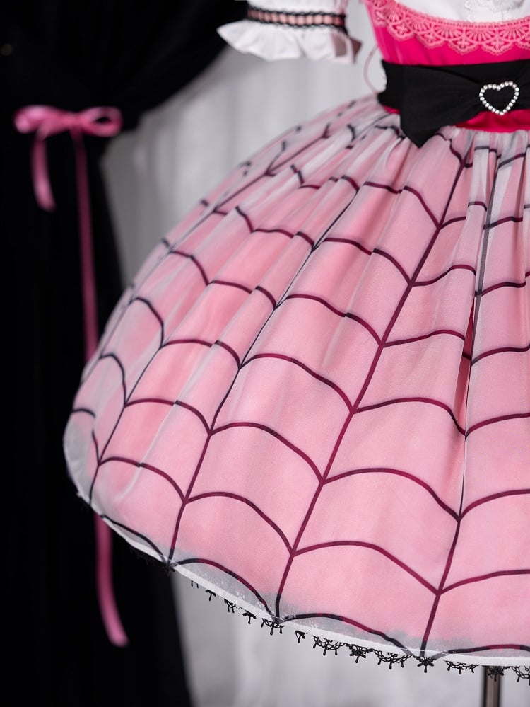 Fanart Fashion Hot Pink Cute Under Bust Dress Spider Web Print Overlay Skirt
