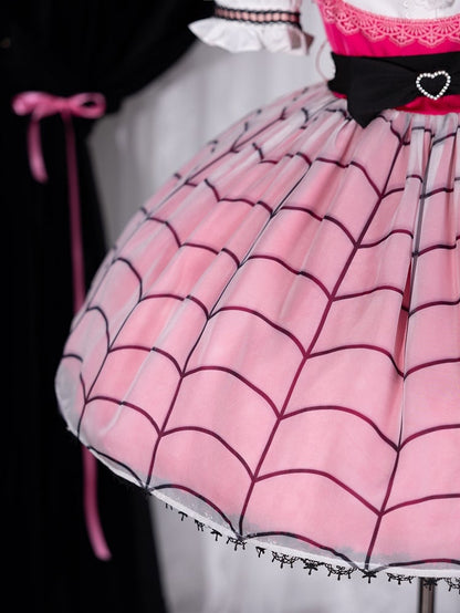 Fanart Fashion Hot Pink Cute Under Bust Dress Spider Web Print Overlay Skirt