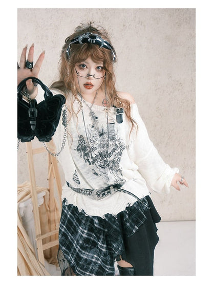 Plus Size White Asymmetrical Neck Knit Top with Butterfly Print & Distressed Details