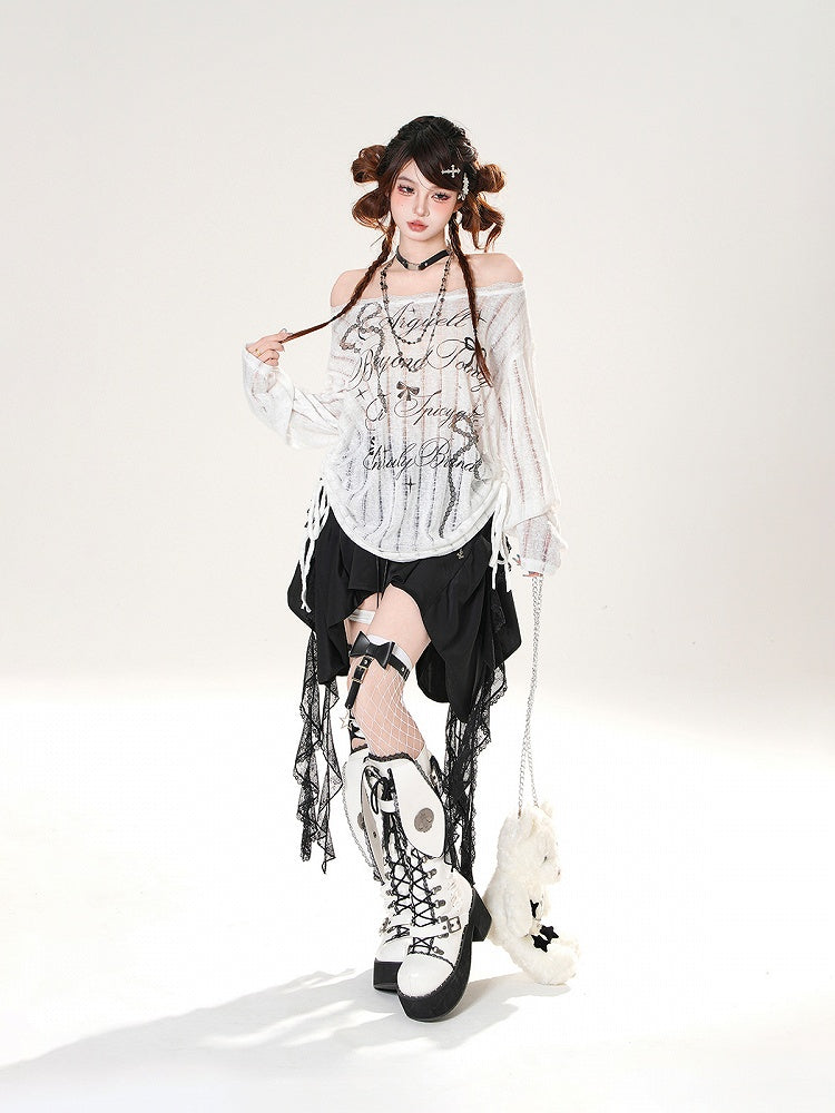 Off-the-shoulder Neckline Bowknot Print Black/White Semi-sheer Coverup