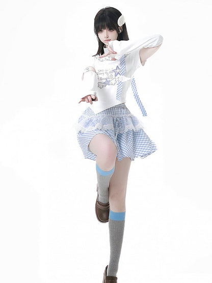 Pink/Baby Blue Plaid Lace Trim Skirt