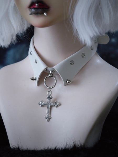 Cross Pendant White Studs Gothic PU Choker