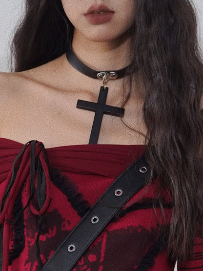 Black Punk Cross PU Choker