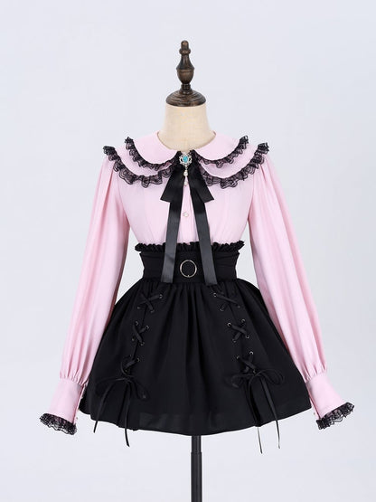 Lace-up Details Jirai Kei Black Ruffled High Waist Skirt
