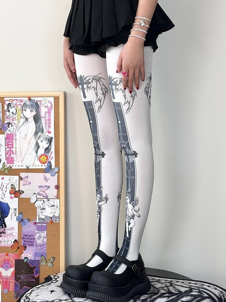 White Cross And Angel Print Tights