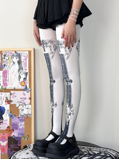 White Cross And Angel Print Tights