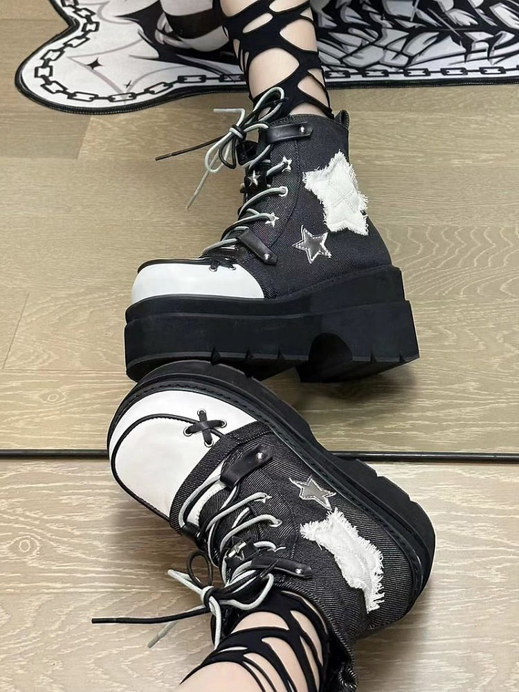 Star Appliques Punk Black Denim Platform Ankle Boots