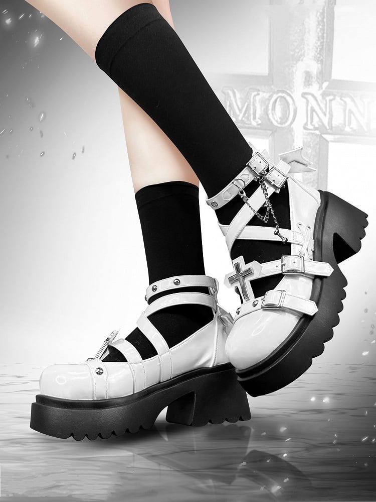 Silver-tone Studs Cross White Platform Chunky Heels Punk Shoes