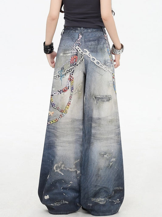 Blue Distressed Design Print Details Wide-leg Cut Jeans