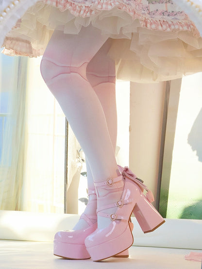 PU Pink Sweet Lolita Platform High Block Heel Mary Janes - Detachable Tulip Bow, Beaded Heart Buckle & Crisscross Straps