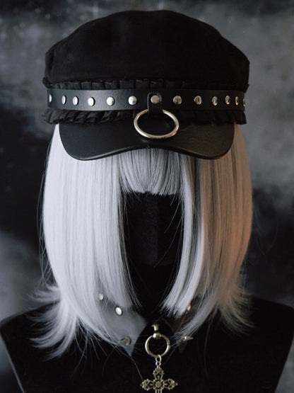 Black Gothic Studs Details Ruffled Trim Beret Hat