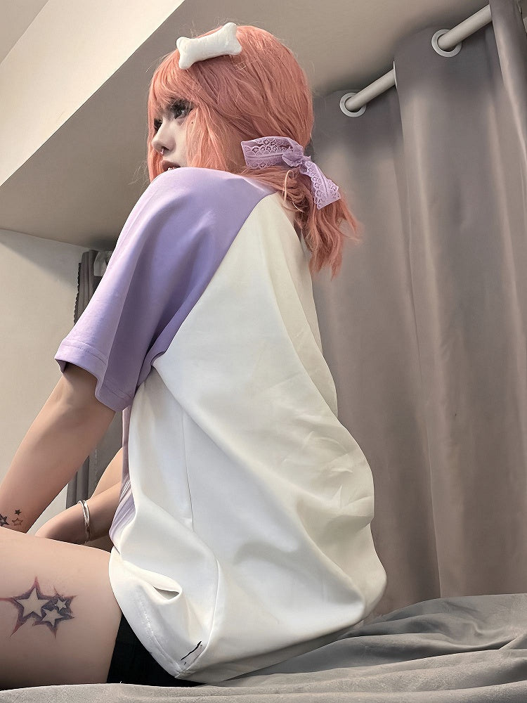 Cartoon Girl Print Purple and White T-shirt