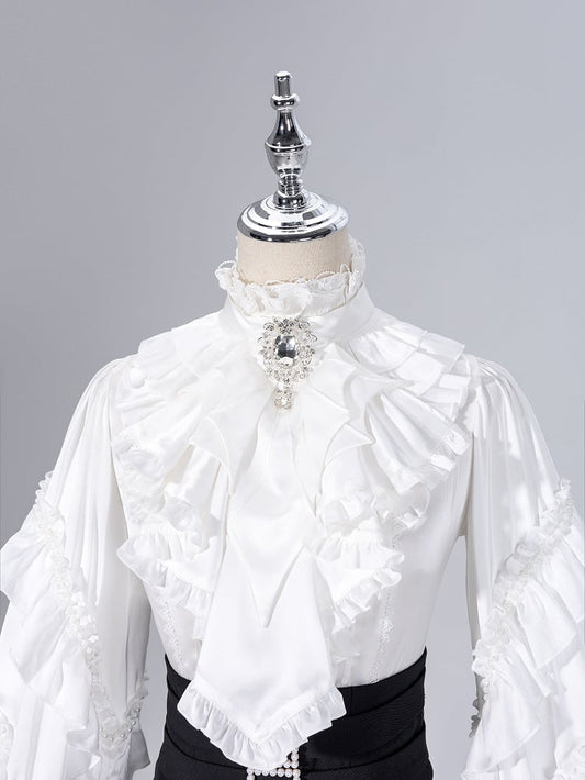 White Gothic Bat Wings Elegant Cascading Ruffle Trim Jabot Tie
