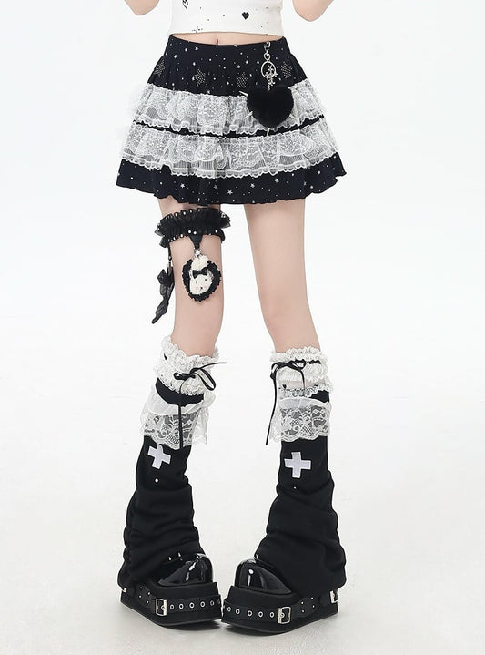 Light Gray/Black Elastic Waist Star Appliques Lace Trim Tiered Knit Skirt