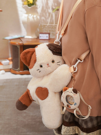 White Cute Kitty Heart Plush Backpack/Crossbody Bag + 3 Options Keychian Small/Middle/Large Size
