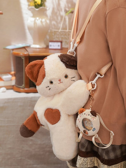 White Cute Kitty Heart Plush Backpack/Crossbody Bag + 3 Options Keychian Small/Middle/Large Size