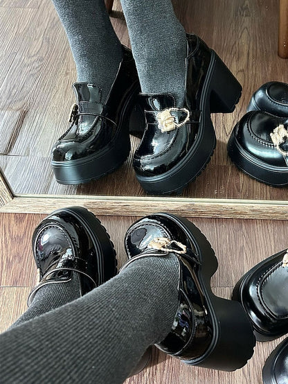 Polished Black Hugging Bear Heart Buckles Platform High Block Heels Slipons