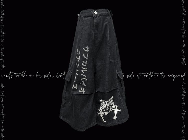 Dark Blue Skeleton and Cross Applique Punk Wide-Leg Cargo Jeans
