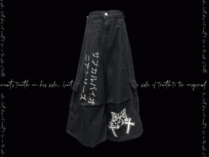Dark Blue Skeleton and Cross Applique Punk Wide-Leg Cargo Jeans