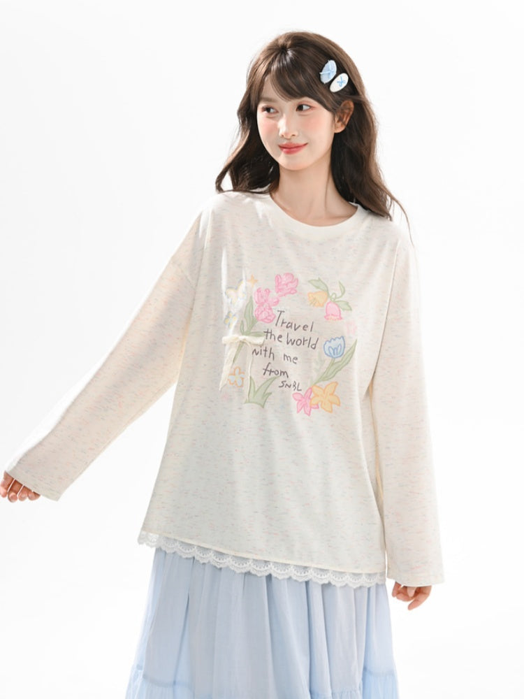 Sweet Floral Print Lace Trim Biege/Pink Round Neck Top